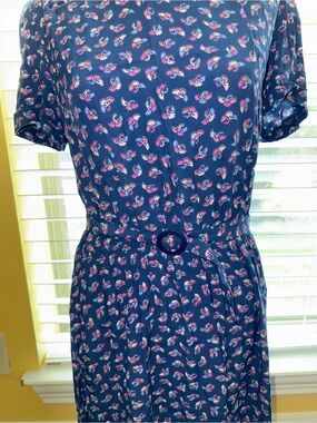 Vintage Navy Blue Floral Belted Midi Dress